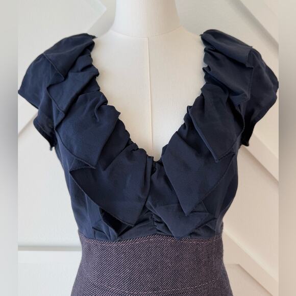 Rebecca Taylor Ruffle 100% Silk Wool Tweed Sheath Dress Blue and Purple Size 10 - Picture 3 of 13